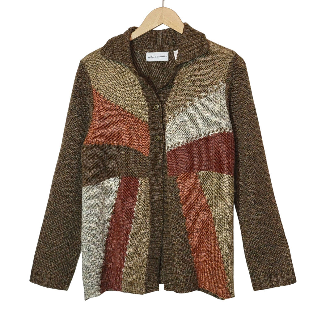 Alfred Dunner Colorblock Cardigan Sweater Brown Orange Size L Cozy Fall Style